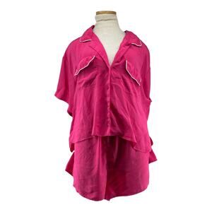 Fantasie by Morgan Taylor Satin Pajama Set L Hot Pink Button Top & Shorts